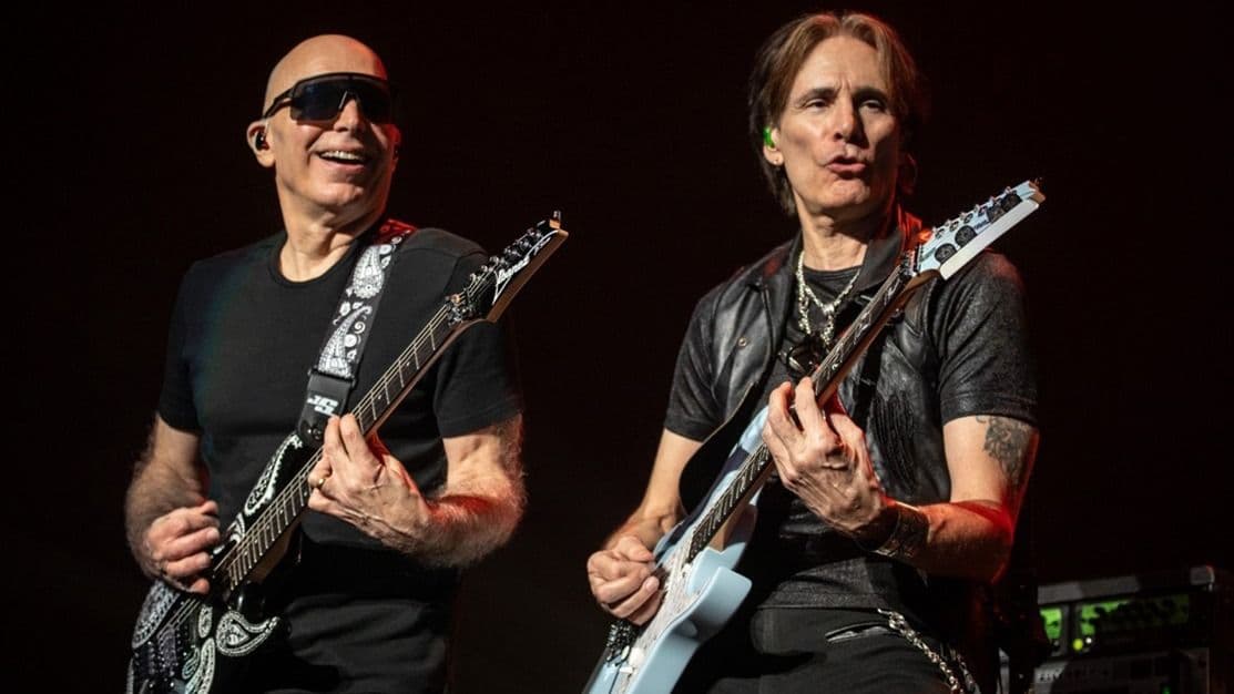 Promotional graphic for SATCHVAI Band featuring Joe Satriani and Steve Vai