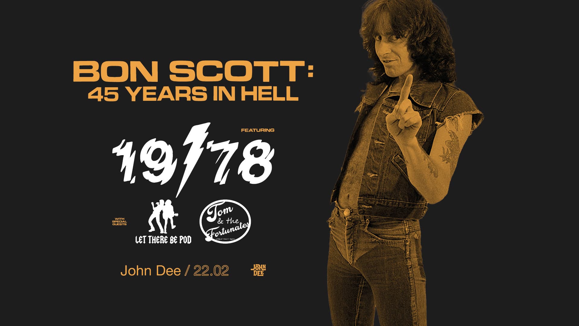 Promotional graphic for Bon Scott: 45 years in Hell